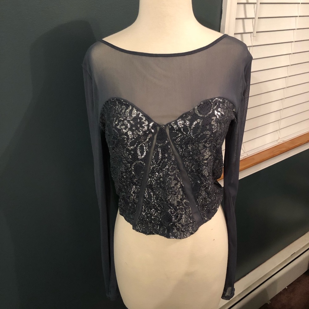 UO Kimchi Blue Sz L Metallic Mesh Lace Crop Top